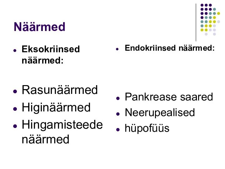 Näärmed Eksokriinsed näärmed: Rasunäärmed Higinäärmed Hingamisteede näärmed Endokriinsed näärmed: Pankrease saared Neerupealised hüpofüüs