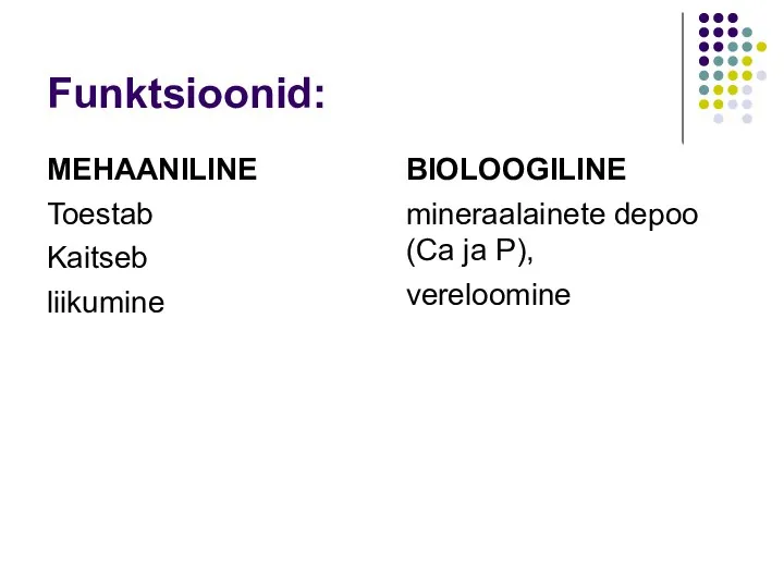 Funktsioonid: MEHAANILINE Toestab Kaitseb liikumine BIOLOOGILINE mineraalainete depoo (Ca ja P), vereloomine