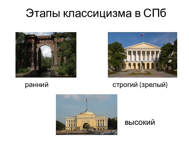 Этапы классицизма в СПб ранний строгий (зрелый) высокий