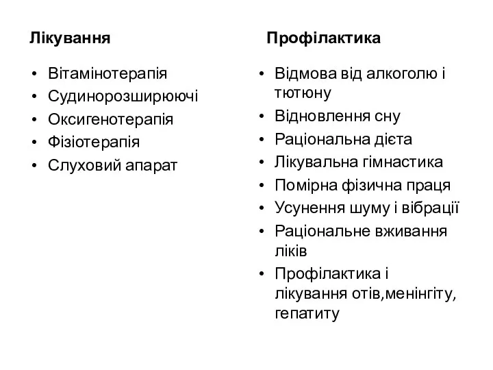 Лікування Профілактика Вітамінотерапія Судинорозширюючі Оксигенотерапія Фізіотерапія Слуховий апарат Відмова від алкоголю і