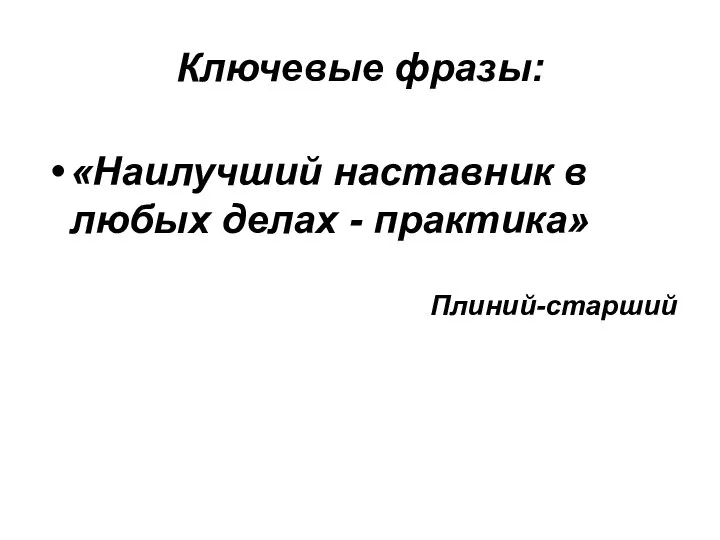 Ключевые фразы: «Наилучший наставник в любых делах - практика» Плиний-старший