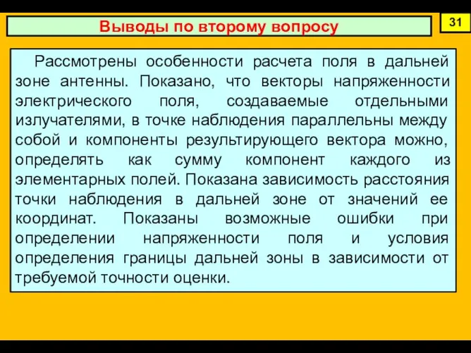 Выводы по второму вопросу 31 Рассмотрены особенности расчета поля в дальней зоне