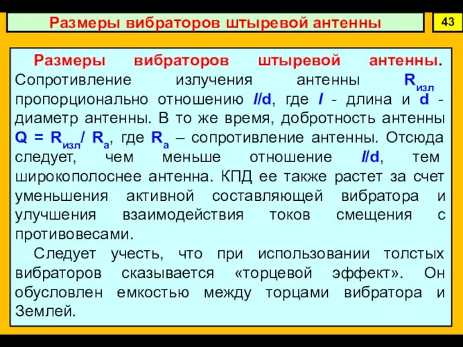 Размеры вибраторов штыревой антенны 43 Размеры вибраторов штыревой антенны. Сопротивление излучения антенны