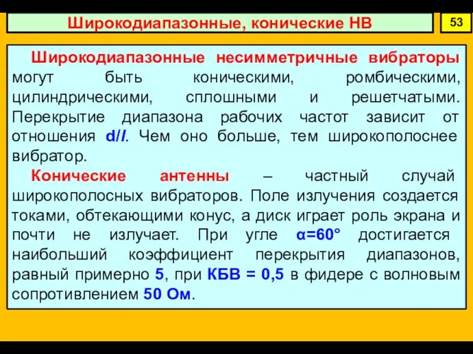 Широкодиапазонные, конические НВ 53 Широкодиапазонные несимметричные вибраторы могут быть коническими, ромбическими, цилиндрическими,