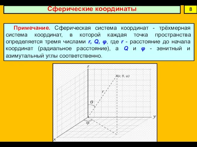 8 Сферические координаты Примечание. Сферическая система координат - трёхмерная система координат, в