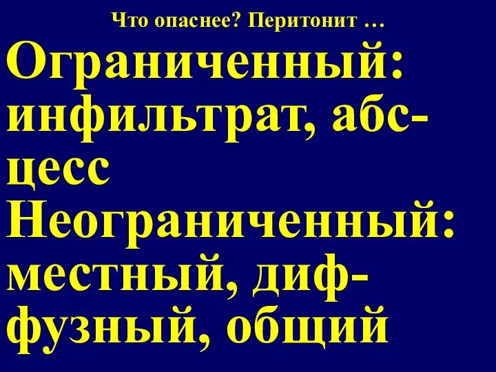 Что опаснее? Перитонит … Ограниченный: инфильтрат, абс- цесс Неограниченный: местный, диф- фузный, общий