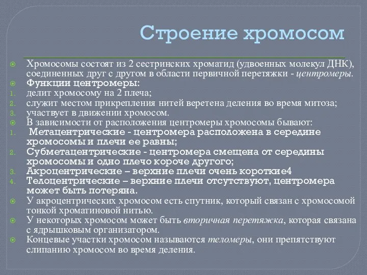 Строение хромосом Хромосомы состоят из 2 сестринских хроматид (удвоенных молекул ДНК), соединенных