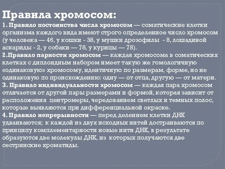 Правила хромосом: 1. Правило постоянства числа хромосом — соматические клетки организма каждого