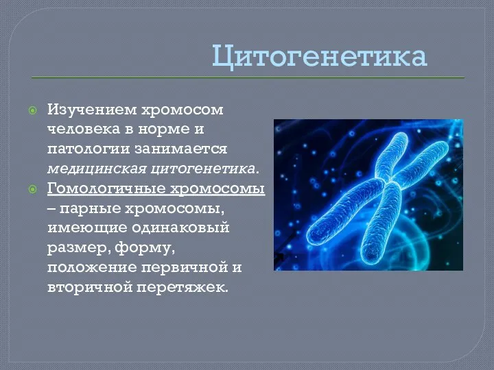 Цитогенетика Изучением хромосом человека в норме и патологии занимается медицинская цитогенетика. Гомологичные