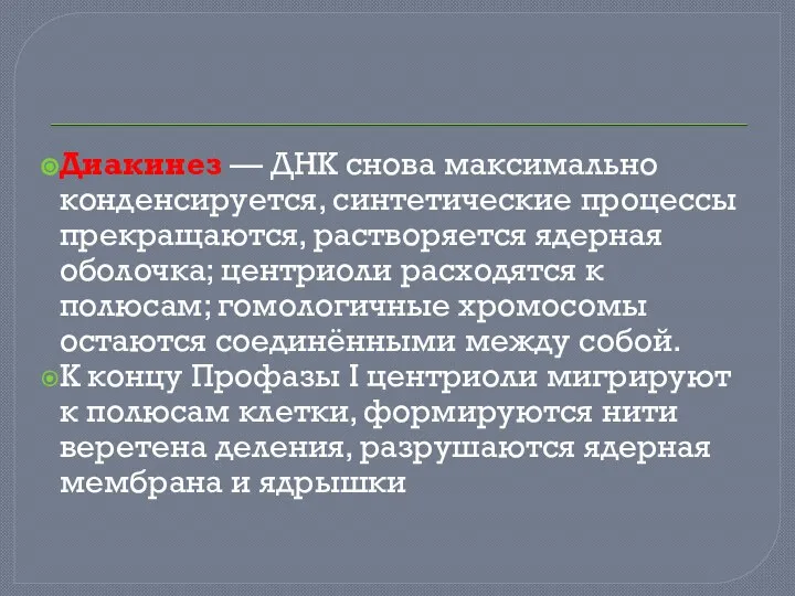 Диакинез — ДНК снова максимально конденсируется, синтетические процессы прекращаются, растворяется ядерная оболочка;