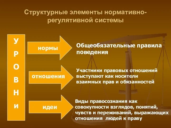 Структурные элементы нормативно-регулятивной системы У Р О В Н и нормы отношения