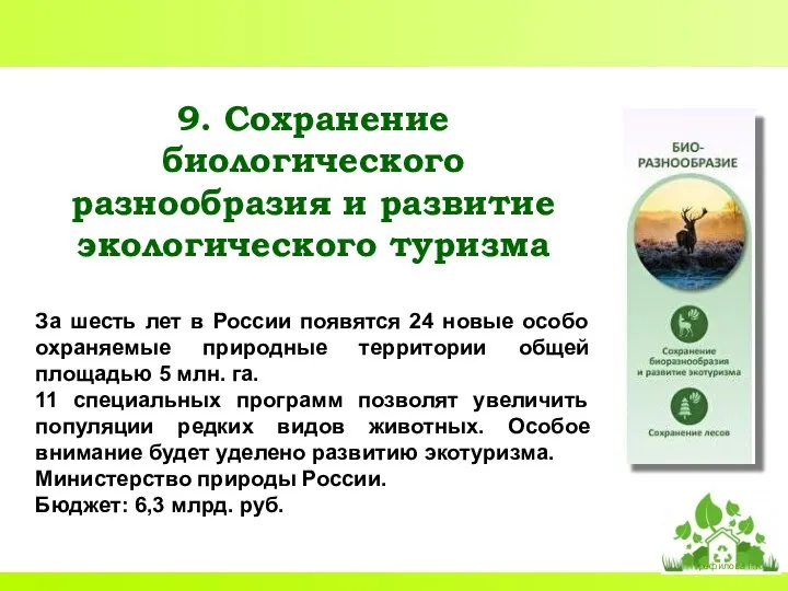 9. Сохранение биологического разнообразия и развитие экологического туризма За шесть лет в