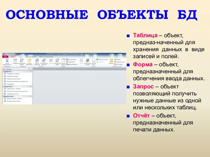 ОСНОВНЫЕ ОБЪЕКТЫ БД Таблица – объект, предназ-наченный для хранения данных в виде