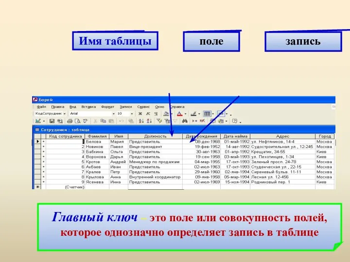 Имя таблицы поле запись Главный ключ – это поле или совокупность полей,