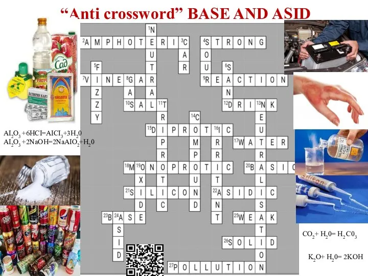 “Anti crossword” BASE AND ASID AI2O3 +6HCI=AICI3+3H20 AI2O3 +2NaOH=2NaAIO2+H20 CO2+ H20= H2 C03 K2O+ H20= 2KOH