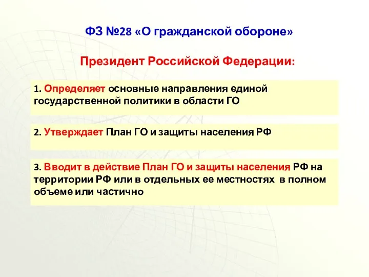 ФЗ №28 «О гражданской обороне» Президент Российской Федерации: 1. Определяет основные направления