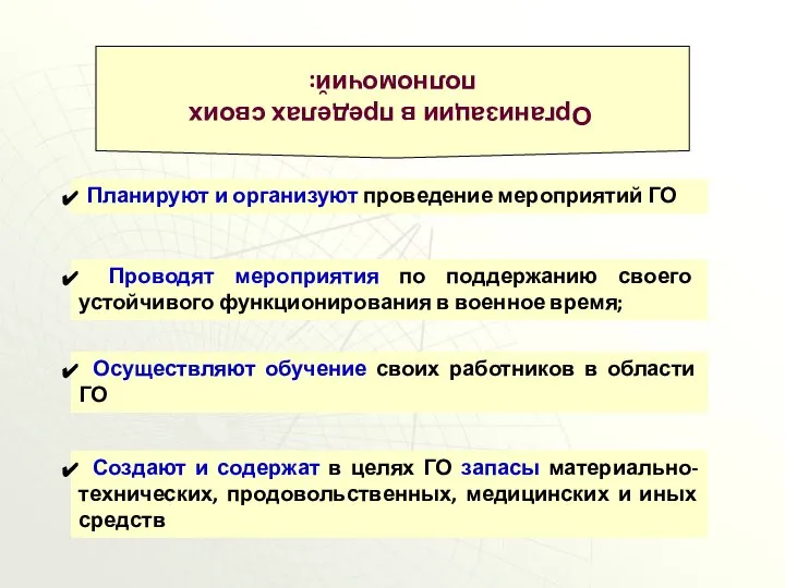 Планируют и организуют проведение мероприятий ГО Проводят мероприятия по поддержанию своего устойчивого