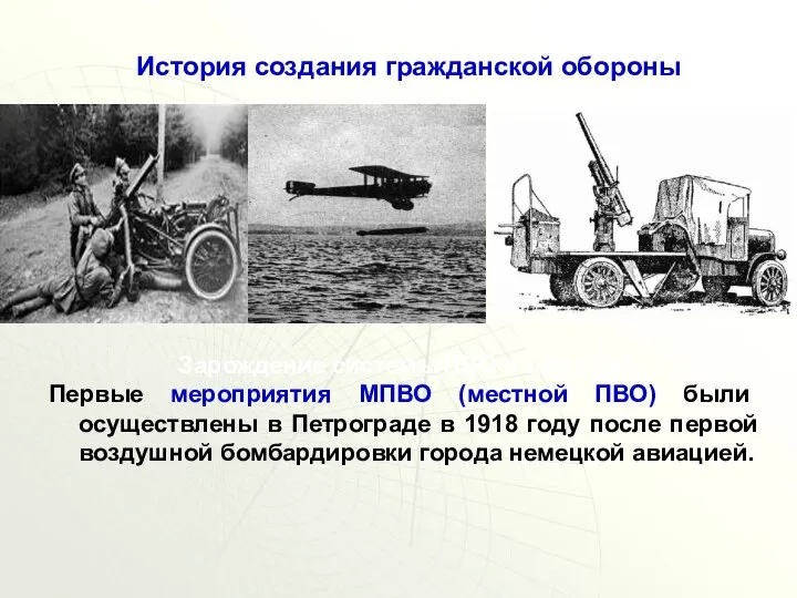 История создания гражданской обороны Зарождение системы ПВО в 1918 году Первые мероприятия