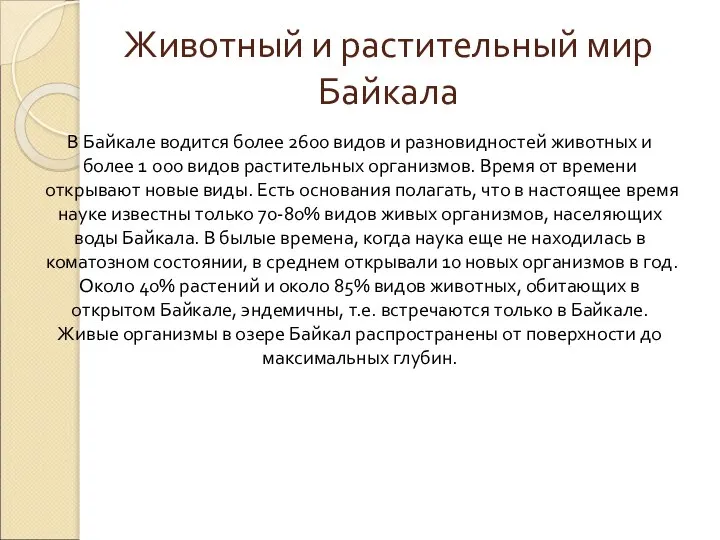 Животный и растительный мир Байкала В Байкале водится более 2600 видов и