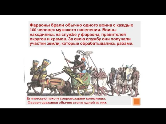 Фараоны брали обычно одного воина с каждых 100 человек мужского населения. Воины