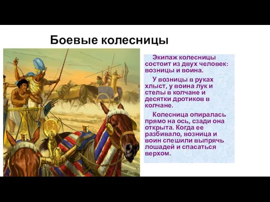 Экипаж колесницы состоит из двух человек: возницы и воина. У возницы в