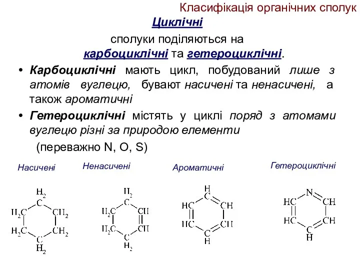 Класифікація органічних сполук Циклічні сполуки поділяються на карбоциклічні та гетероциклічні. Карбоциклічні мають