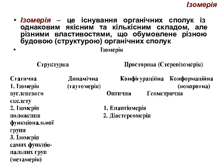 Ізомерія Ізомерія – це існування органічних сполук із однаковим якісним та кількісним