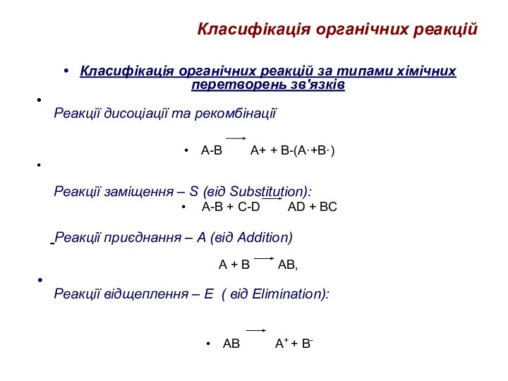 Класифікація органічних реакцій Класифікація органічних реакцій за типами хімічних перетворень зв'язків Реакції