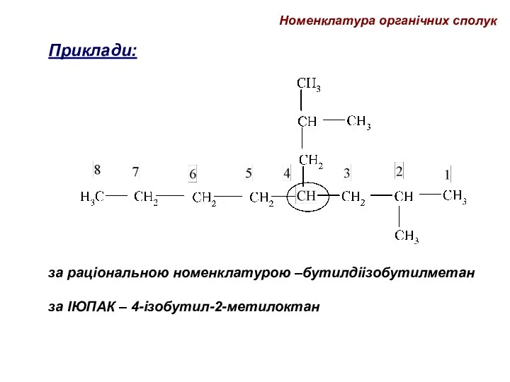 Приклади: за раціональною номенклатурою –бутилдіізобутилметан за ІЮПАК – 4-ізобутил-2-метилоктан Номенклатура органічних сполук