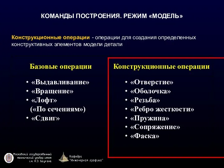 КОМАНДЫ ПОСТРОЕНИЯ. РЕЖИМ «МОДЕЛЬ» Конструкционные операции - операции для создания определенных конструктивных элементов модели детали