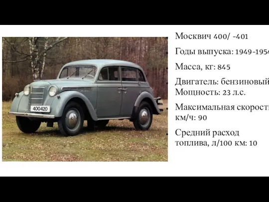 Москвич 400/ -401 Годы выпуска: 1949-1954 Масса, кг: 845 Двигатель: бензиновый Мощность: