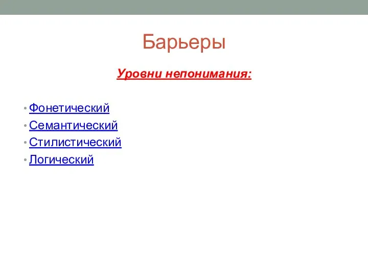 Барьеры Уровни непонимания: Фонетический Семантический Стилистический Логический