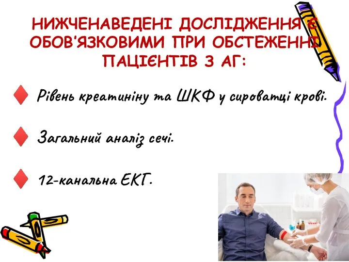 НИЖЧЕНАВЕДЕНІ ДОСЛІДЖЕННЯ Є ОБОВ’ЯЗКОВИМИ ПРИ ОБСТЕЖЕННІ ПАЦІЄНТІВ З АГ: ♦ Рівень креатиніну