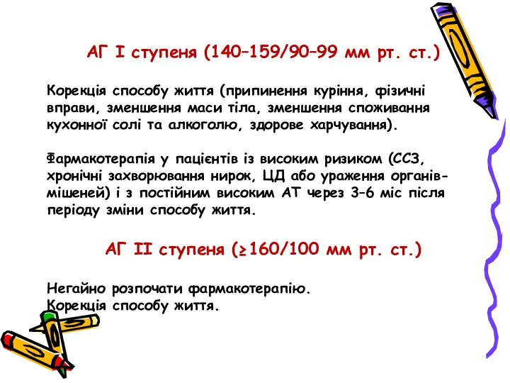 АГ І ступеня (140–159/90–99 мм рт. ст.) Корекція способу життя (припинення куріння,