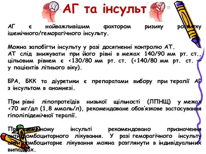 АГ та інсульт АГ є найважливішим фактором ризику розвитку ішемічного/геморагічного інсульту. Можна