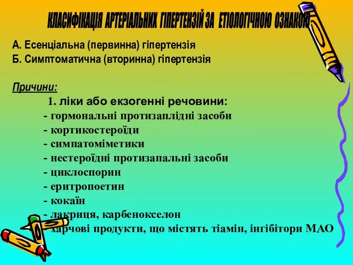 КЛАСИФІКАЦІЯ АРТЕРІАЛЬНИХ ГІПЕРТЕНЗІЙ ЗА ЕТІОЛОГІЧНОЮ ОЗНАКОЮ А. Есенціальна (первинна) гіпертензія Б. Симптоматична