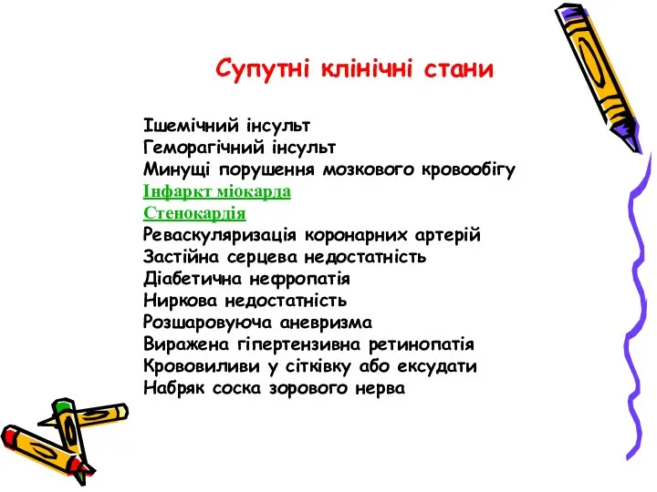 Супутні клінічні стани Ішемічний інсульт Геморагічний інсульт Минущі порушення мозкового кровообігу Інфаркт