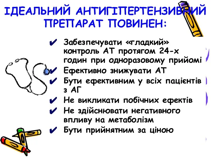 ІДЕАЛЬНИЙ АНТИГІПЕРТЕНЗИВНИЙ ПРЕПАРАТ ПОВИНЕН: Забезпечувати «гладкий» контроль АТ протягом 24-х годин при