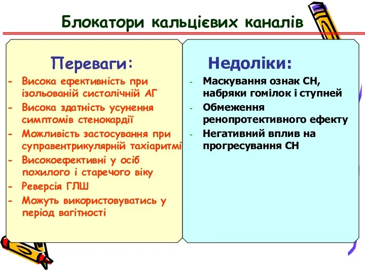 Блокатори кальцієвих каналів Переваги: Висока ефективність при ізольованій систолічній АГ Висока здатність