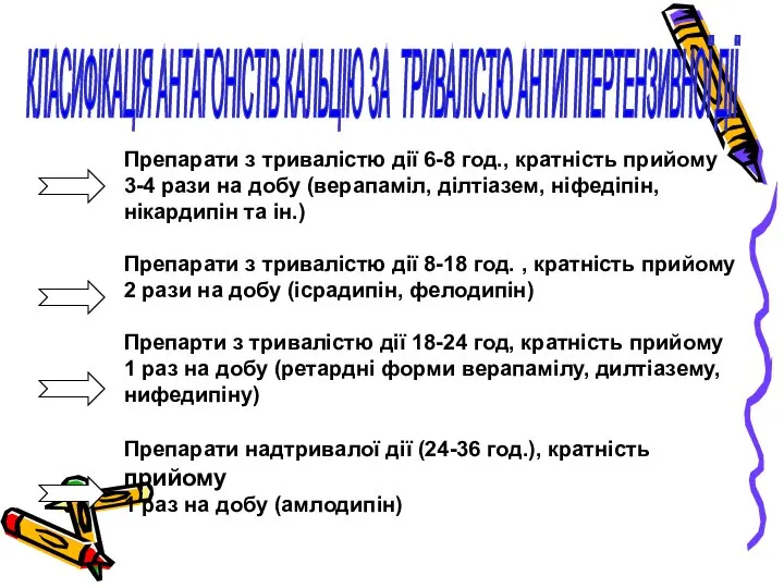 КЛАСИФІКАЦІЯ АНТАГОНІСТІВ КАЛЬЦІЮ ЗА ТРИВАЛІСТЮ АНТИГІПЕРТЕНЗИВНОЇ ДІЇ Препарати з тривалістю дії 6-8