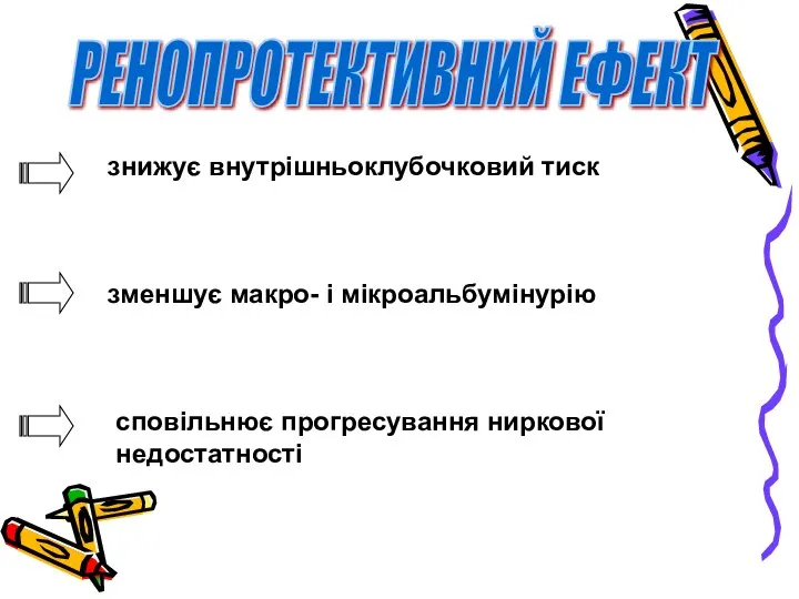 РЕНОПРОТЕКТИВНИЙ ЕФЕКТ знижує внутрішньоклубочковий тиск зменшує макро- і мікроальбумінурію сповільнює прогресування ниркової недостатності