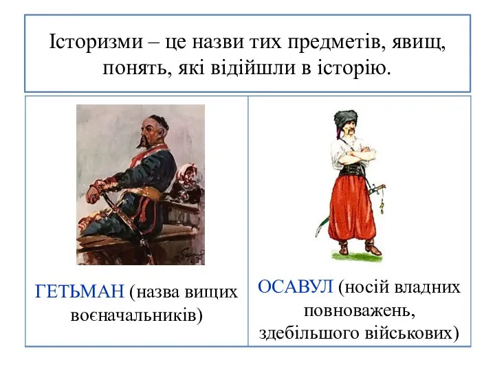 Історизми – це назви тих предметів, явищ, понять, які відійшли в історію.