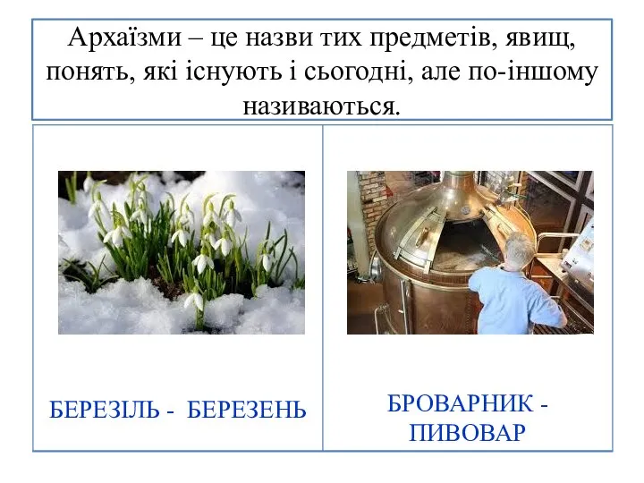 Архаїзми – це назви тих предметів, явищ, понять, які існують і сьогодні, але по-іншому називаються.