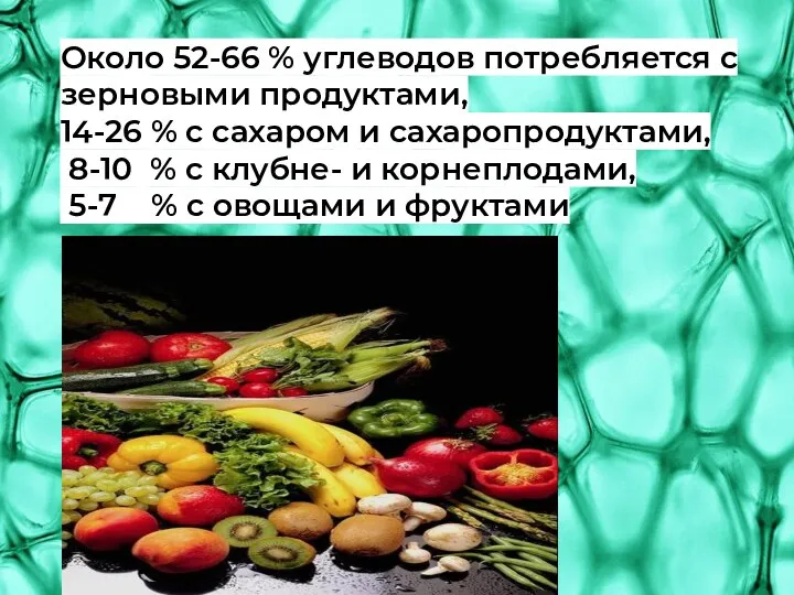 Около 52-66 % углеводов потребляется с зерновыми продуктами, 14-26 % с сахаром