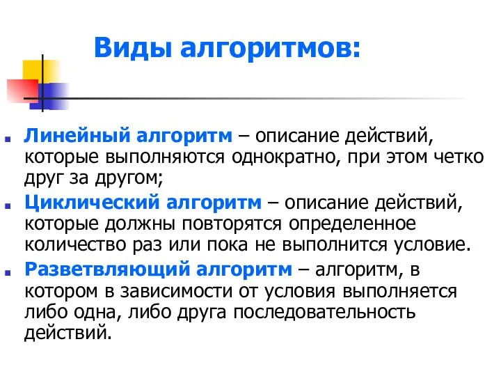 Виды алгоритмов: Линейный алгоритм – описание действий, которые выполняются однократно, при этом