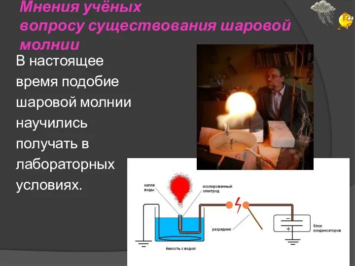 Мнения учёных вопросу существования шаровой молнии В настоящее время подобие шаровой молнии