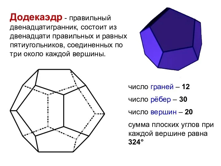 Додекаэдр - правильный двенадцатигранник, состоит из двенадцати правильных и равных пятиугольников, соединенных