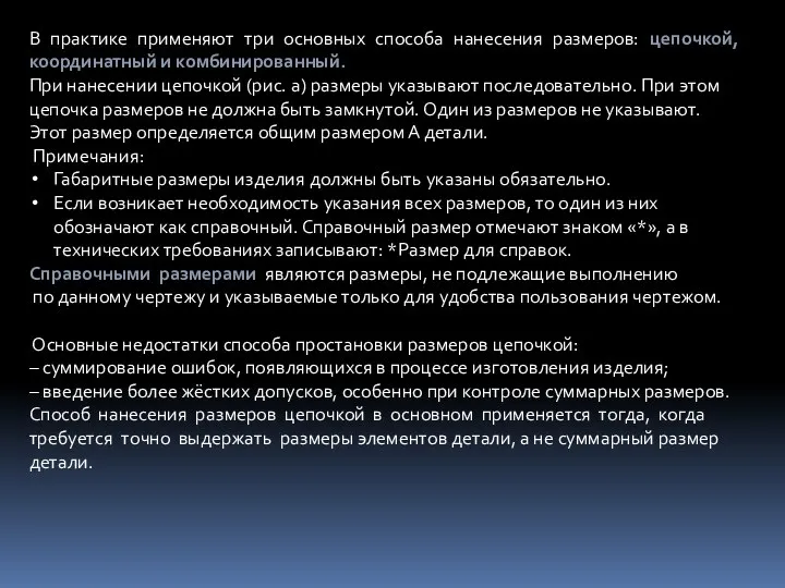 В практике применяют три основных способа нанесения размеров: цепочкой, координатный и комбинированный.