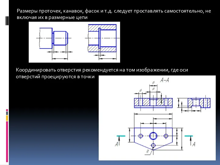 Размеры проточек, канавок, фасок и т.д. следует проставлять самостоятельно, не включая их