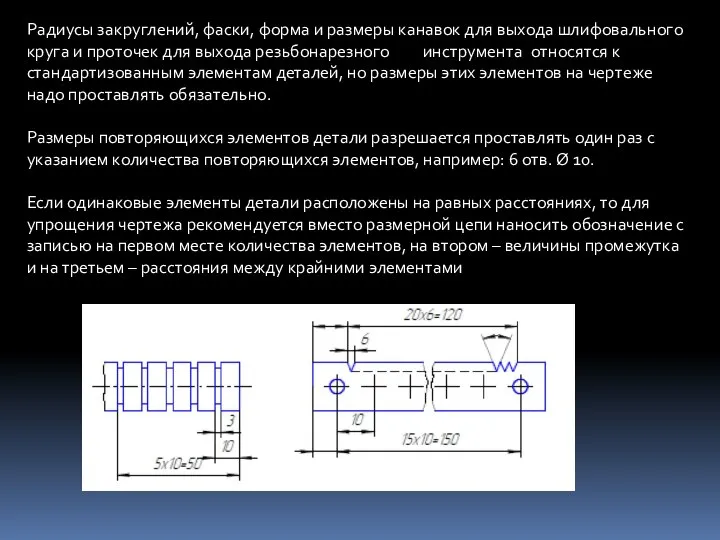 Радиусы закруглений, фаски, форма и размеры канавок для выхода шлифовального круга и